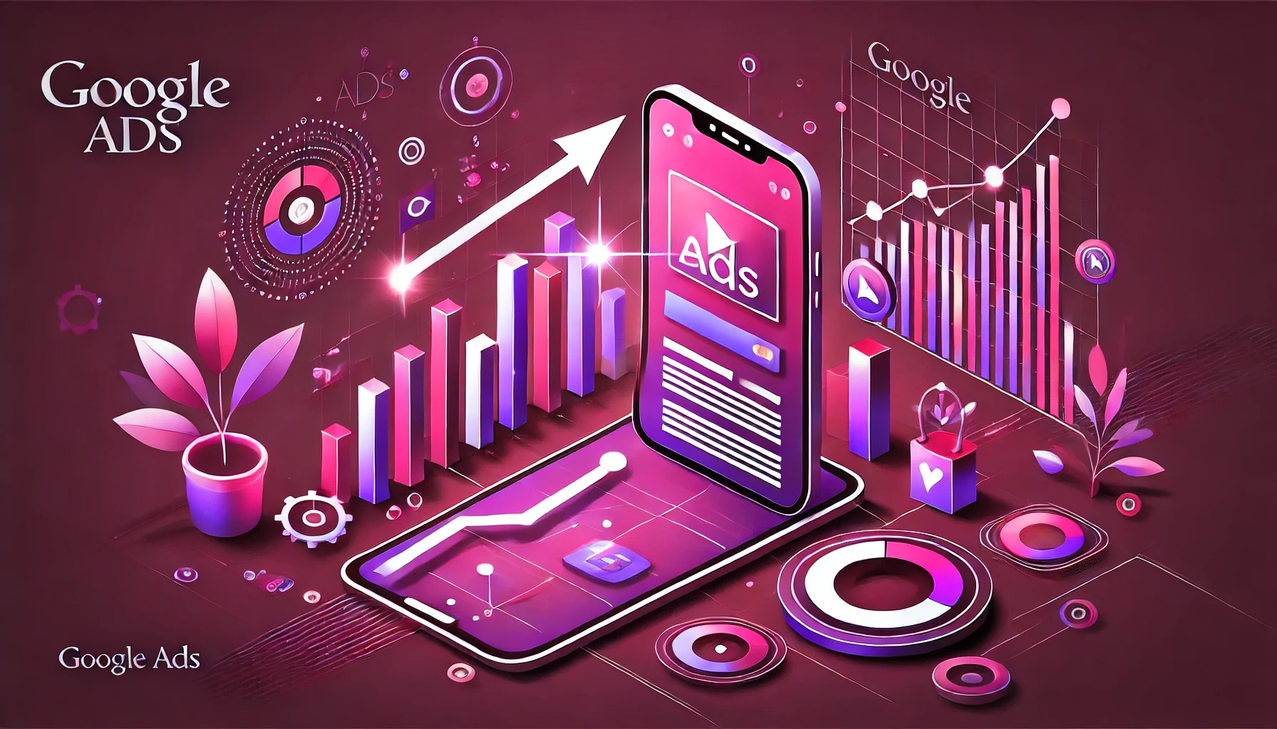 An image designed to complement an article about the importance of managing Google Ads for businesses and SMEs. The image should use shades of magenta _ Google ADS Rik Cerrone consulente Marketing